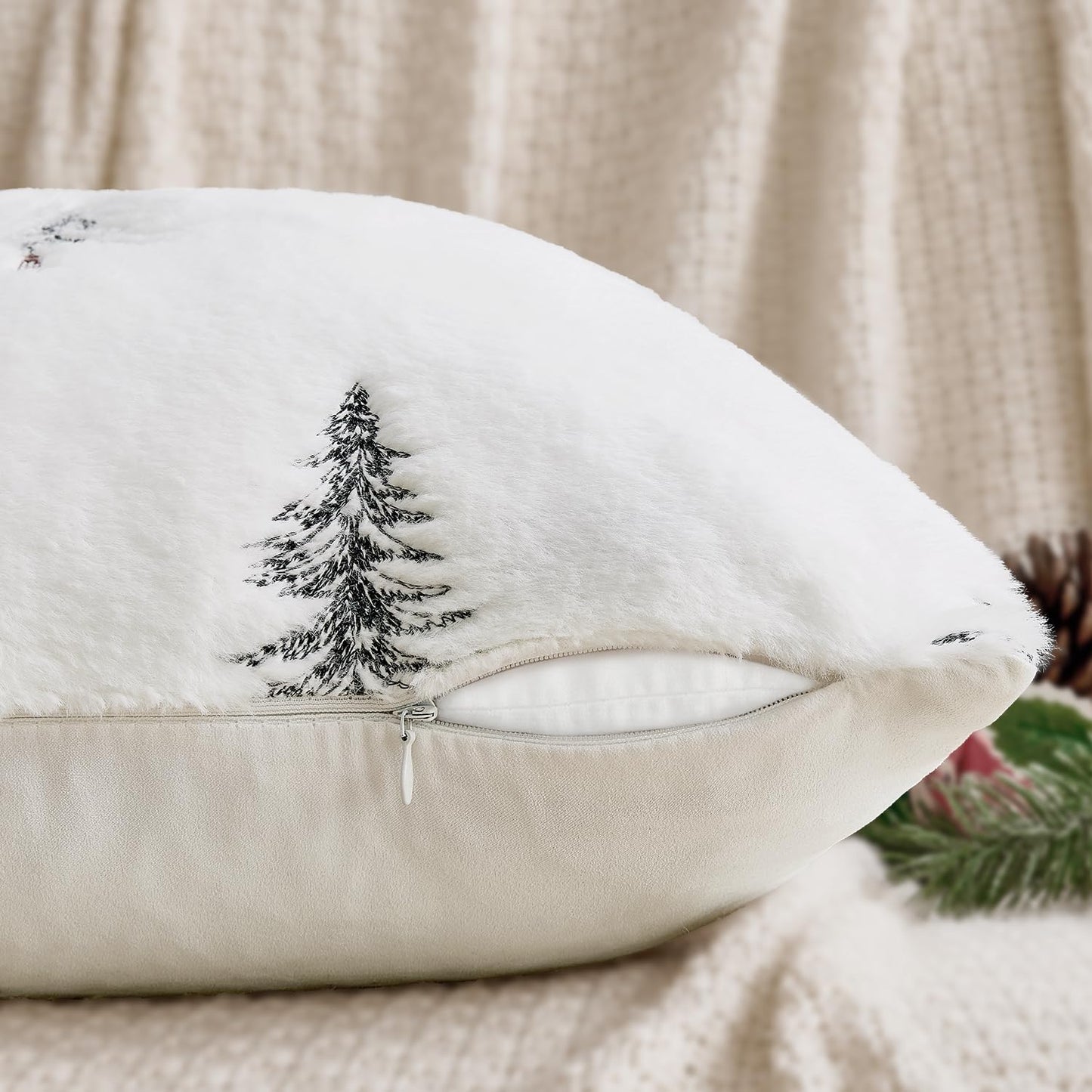 Christmas Decorative Pillow Covers Set of 2 Faux Fur Throw Pillows with Embroidered Christmas Tree 18X18 Inch White Black Winter Couch Covers for Festival Sofa Bedroom Living Room Home Decor