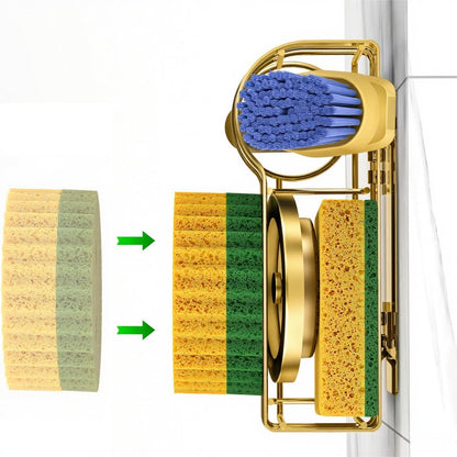 Gold Smiley Sponge Holder for Kitchen Sink Caddy, Stainless Steel Movable Brush Holder Dish Cloth Hanger, Suction Cup Sink Organizer Scrubbe