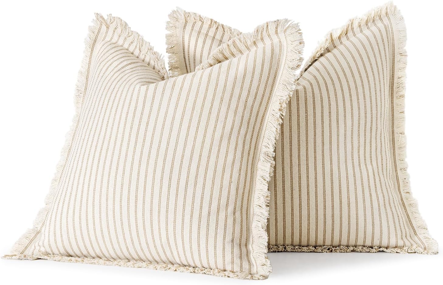 Pack of 2 Khaki Pillow Covers 20X20 Inch Striped Farmhouse Couch Throw Pillow Covers with Fringe Chic Linen Decorative Cushion Covers for Sofa Living Room Bed Outdoor Home Decor