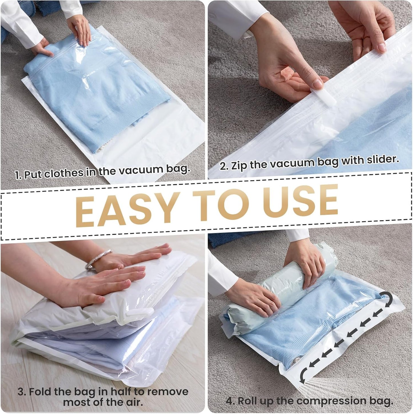 12 Pack Travel Compression Bags, Roll up Space Saver Bags (6 Large+6 Medium), No Vacuum Needed Reusable Packing for Luggage, Suitcase, Backpack, Travel Essentials, Cream