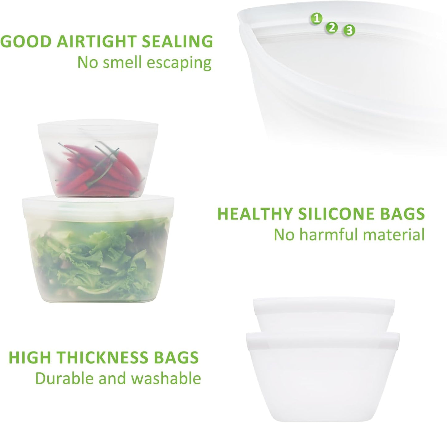 Silicone Bags for Food Storage, Reusable Zip Lock Bags Silicone Food Storage Containers, Freezer Microwave Oven Dishwasher Safe, Plastice Bpa-Free 5 Pack (40Oz 20Oz 12Oz 17Oz 34Oz)