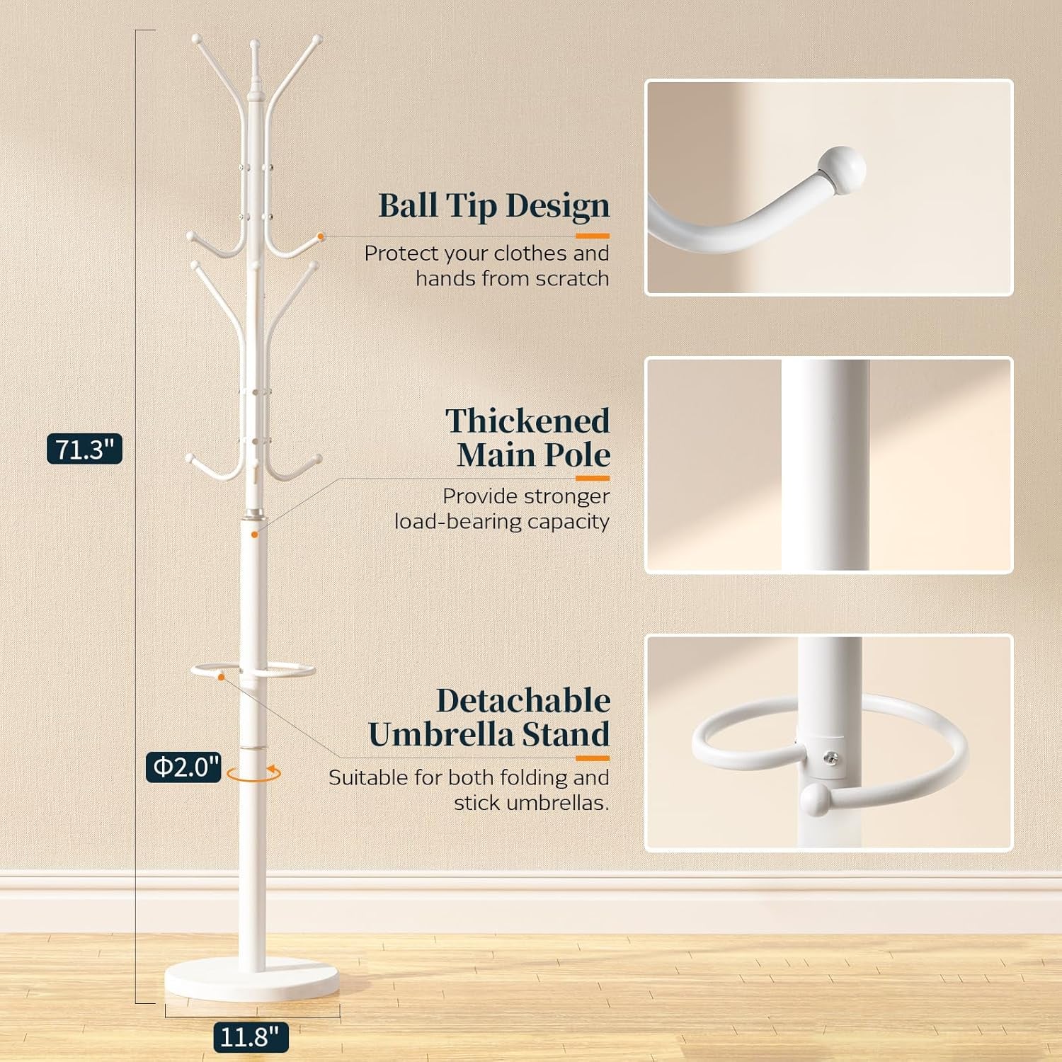 Metal Coat Rack Freestanding with Marble Base, Coat Tree with 12 Hooks & Umbrella Holder, Coat Hanger Stand for Corner Entryway Bedroom Office, Heavy Duty Coat Rack Stand for Clothes Hats Bags