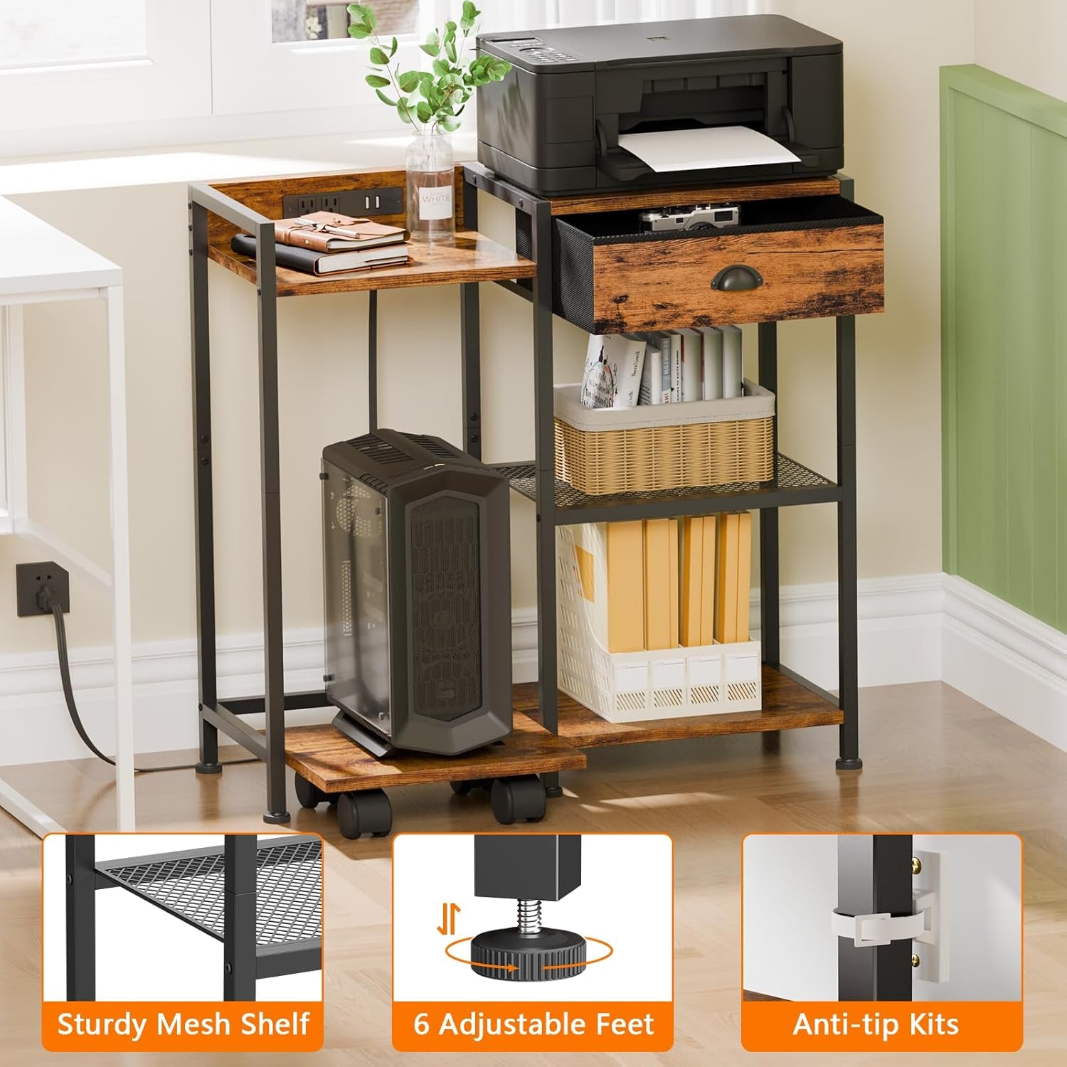Printer Stand with Storage Drawer,Printer Table with Charging Station and USB Port,Industrial 3 Tier Shelf, Shredder Stand with Wheels,For Home Office,Rustic Brown