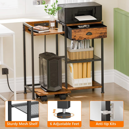 Printer Stand with Storage Drawer,Printer Table with Charging Station and USB Port,Industrial 3 Tier Shelf, Shredder Stand with Wheels,For Home Office,Rustic Brown