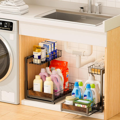 2 Pack under Sink Organizer and Storage, Height Adjustable under Kitchen Sink Organizer, 2 Tier Pull Out under Cabinet Organizer, Black under Counter Storage for Kitchen Bathroom