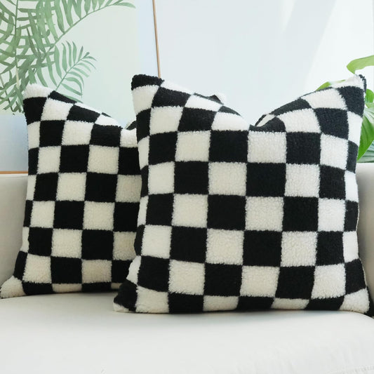 Decorative Throw Pillow Covers Luxury Style Checkerboard Pattern Cushion Case Super Soft Faux Fur Wool Pillowcases for Couch Bedroom Pack of 2 (Black, 18 X 18-Inch)