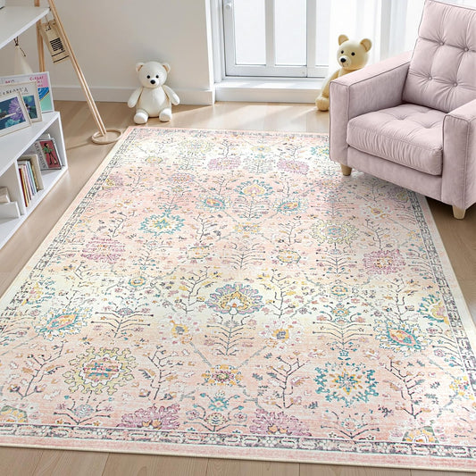 Pink Boho Area Rug for Nursery, 5X7 Washable Pink Rugs for Bedroom Girls Kids Room Living Room, Floral Pastel Carpet Non Slip for Classroom Playroom Dorm