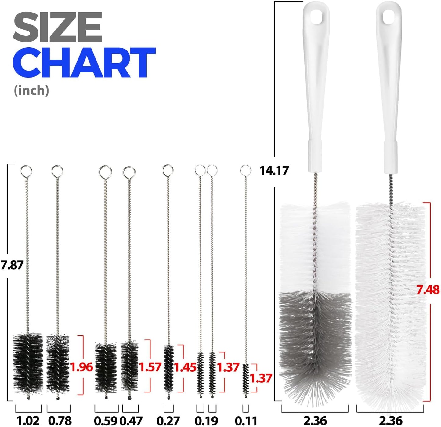 10 Pack Bottle Brush Cleaner Set, 15" Long Handle Bottle Cleaner Brush, Flexible Long Handle Water Bottle Brush for Narrow Neck Beer Wine, 8 Straws, Abrasive Spiral Brushes, White Grey