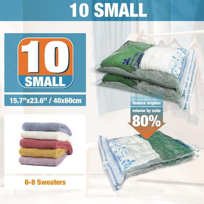 Vacuum Storage Bags, 10 Small Space Saver Vacuum Seal Bags, Space Bags, Vacuum Sealer Bags for Clothes with Travel Hand Pump (10S)