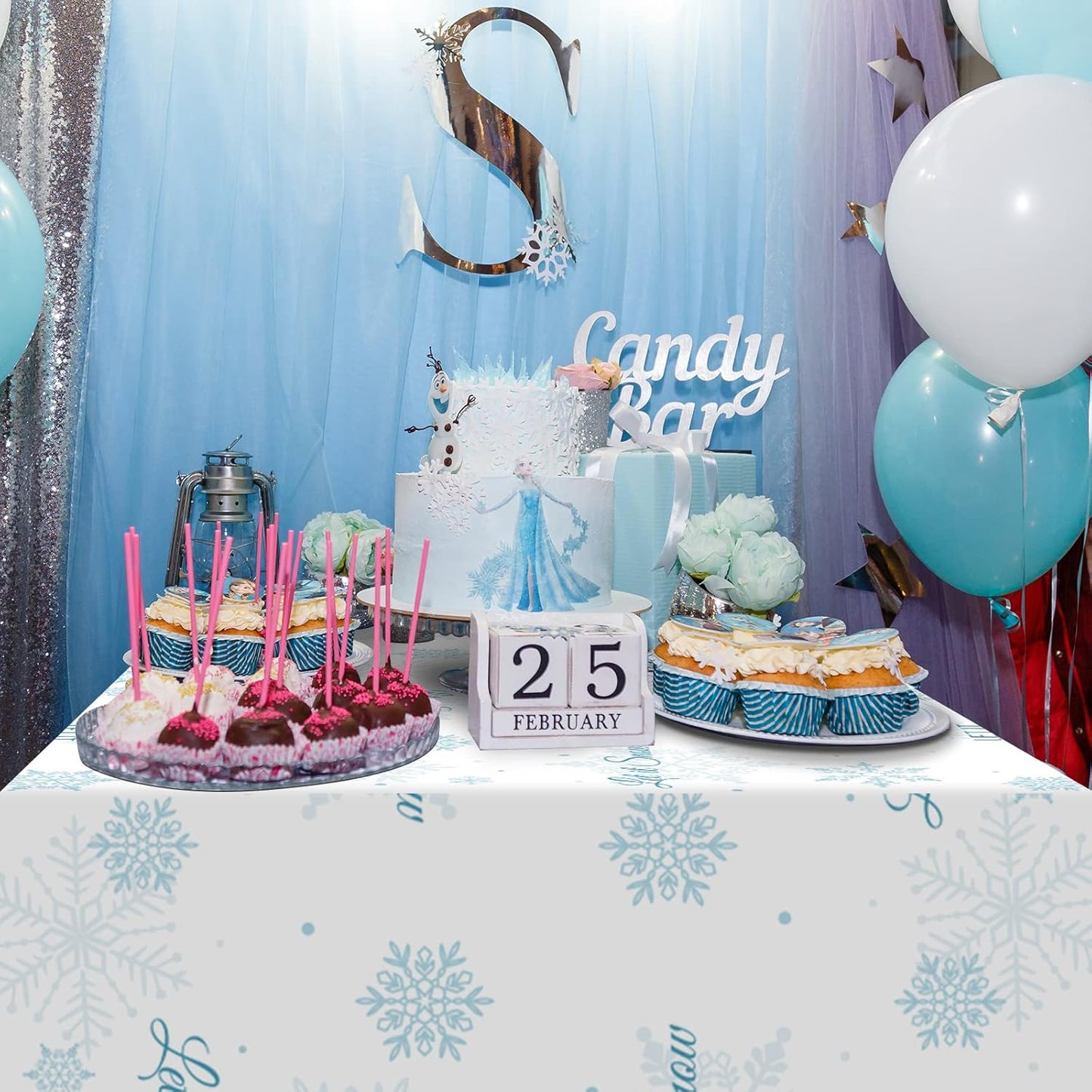 1 Pcs Christmas Winter Gnome Tablecloth, Plastic Disposable Christmas Let It Snow Snowflake Xmas Tree Ice Blue Table Cover for Xmas Winter Holiday Themed Party Decorations and Supplies, 54 X 108 Inch