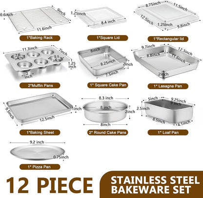 Stainless Steel Bakeware Set, 12-Piece Kitchen Baking Pans Set, Baking Sheet with Rack, Square Cake Pan with Lid, Lasagna Pan, Loaf Pan, Muffin Pan, Pizza Tray & 2 Covers, Easily Clean