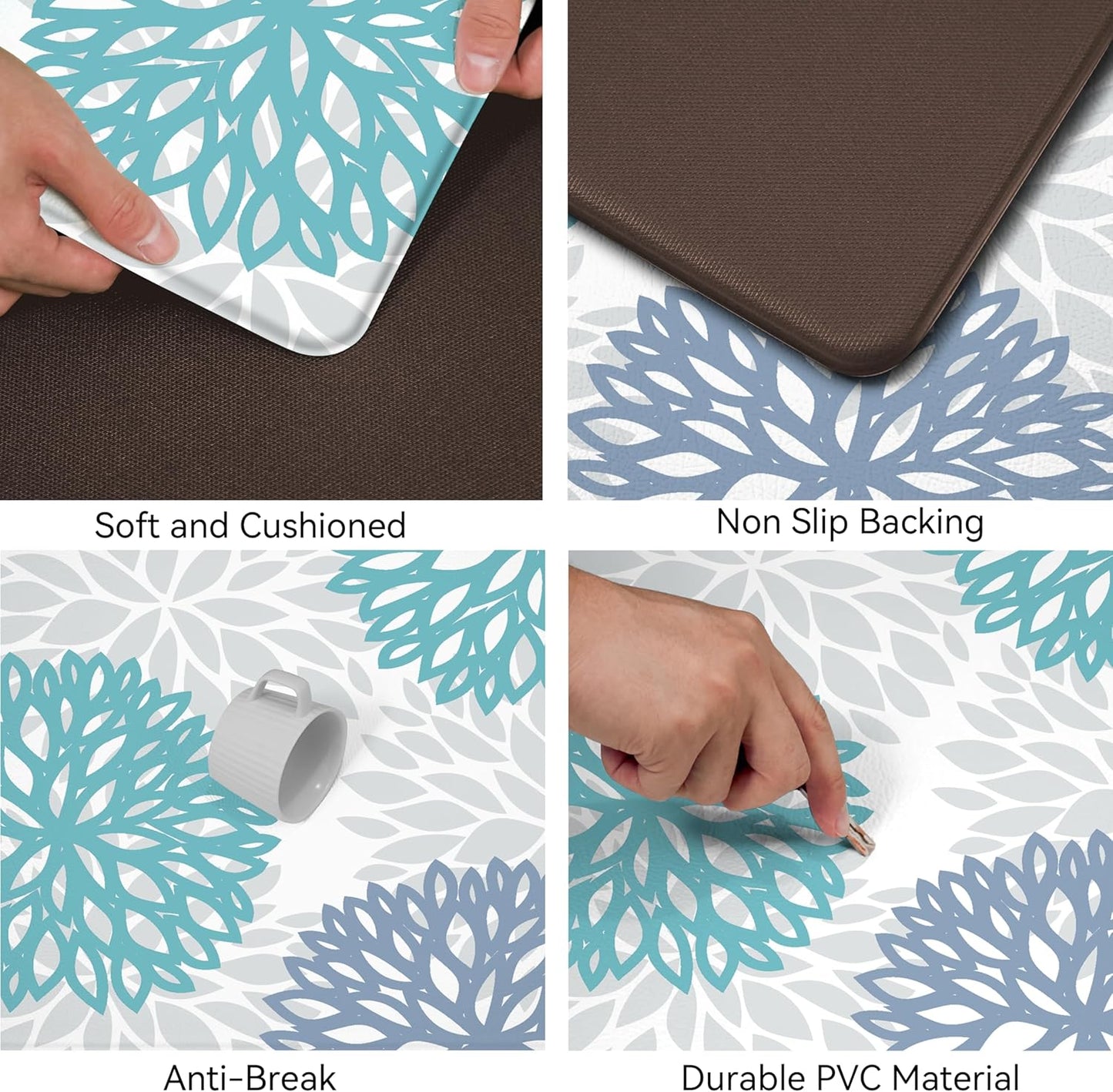 Teal Kitchen Mats Set of 2 Cushioned anti Fatigue Kitchen Rugs Non Slip Waterproof Runner Memory Foam Kitchen Floor Mat Comfort Standing Mat for Sink,Office,Laundry