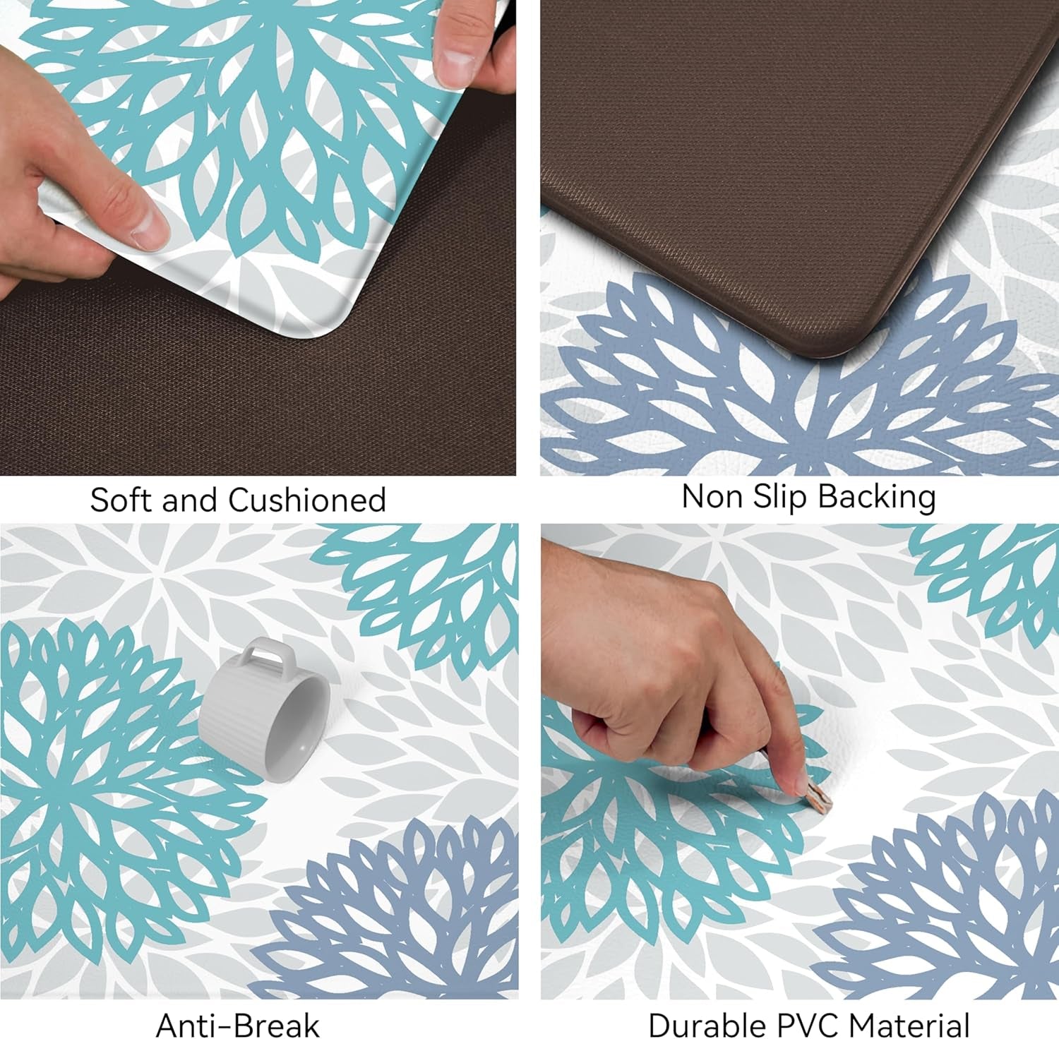Teal Kitchen Mats Set of 2 Cushioned anti Fatigue Kitchen Rugs Non Slip Waterproof Runner Memory Foam Kitchen Floor Mat Comfort Standing Mat for Sink,Office,Laundry