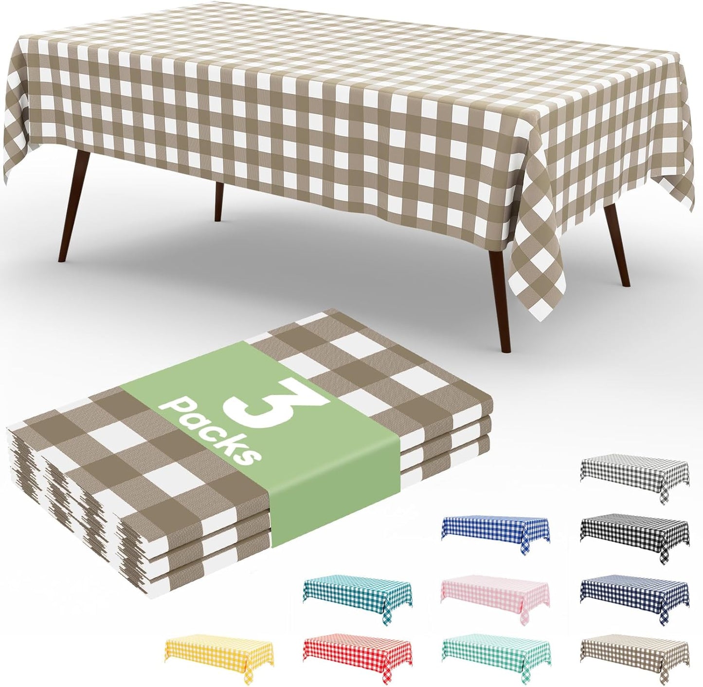 3 Packs Buffalo Disposable Table Cloth, 54 X 108 Inch Waterproof Plastic Tablecloth, Rectangle White and Khaki Checkered Table Covers for Picnic, Birthday, Party