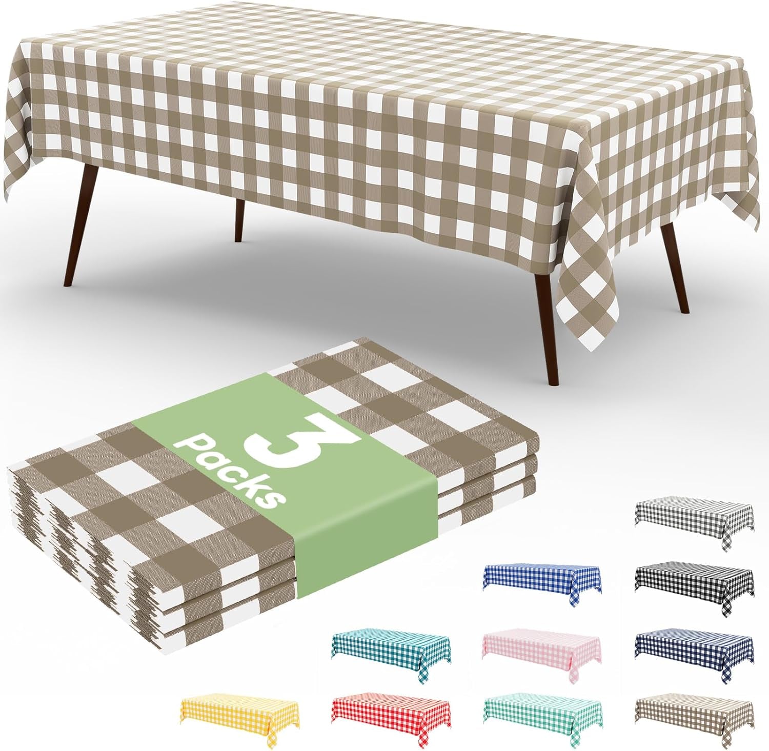 3 Packs Buffalo Disposable Table Cloth, 54 X 108 Inch Waterproof Plastic Tablecloth, Rectangle White and Khaki Checkered Table Covers for Picnic, Birthday, Party
