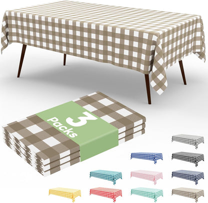 3 Packs Buffalo Disposable Table Cloth, 54 X 108 Inch Waterproof Plastic Tablecloth, Rectangle White and Khaki Checkered Table Covers for Picnic, Birthday, Party