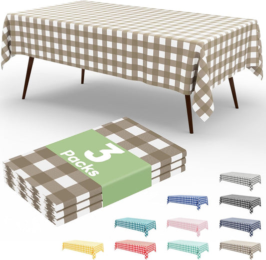 3 Packs Buffalo Disposable Table Cloth, 54 X 108 Inch Waterproof Plastic Tablecloth, Rectangle White and Khaki Checkered Table Covers for Picnic, Birthday, Party