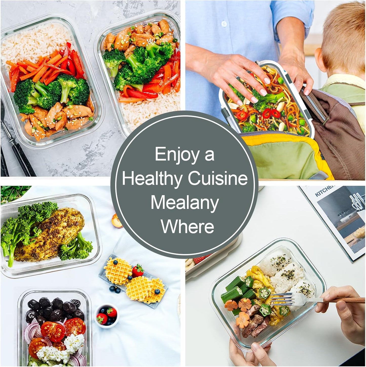 22 OZ Glass Meal Prep Containers Set - 10 Pack, Airtight Glass Lunch Containers with Lids, BPA-Free, Suitable for Microwave, Oven, Freezer & Dishwasher, Grey