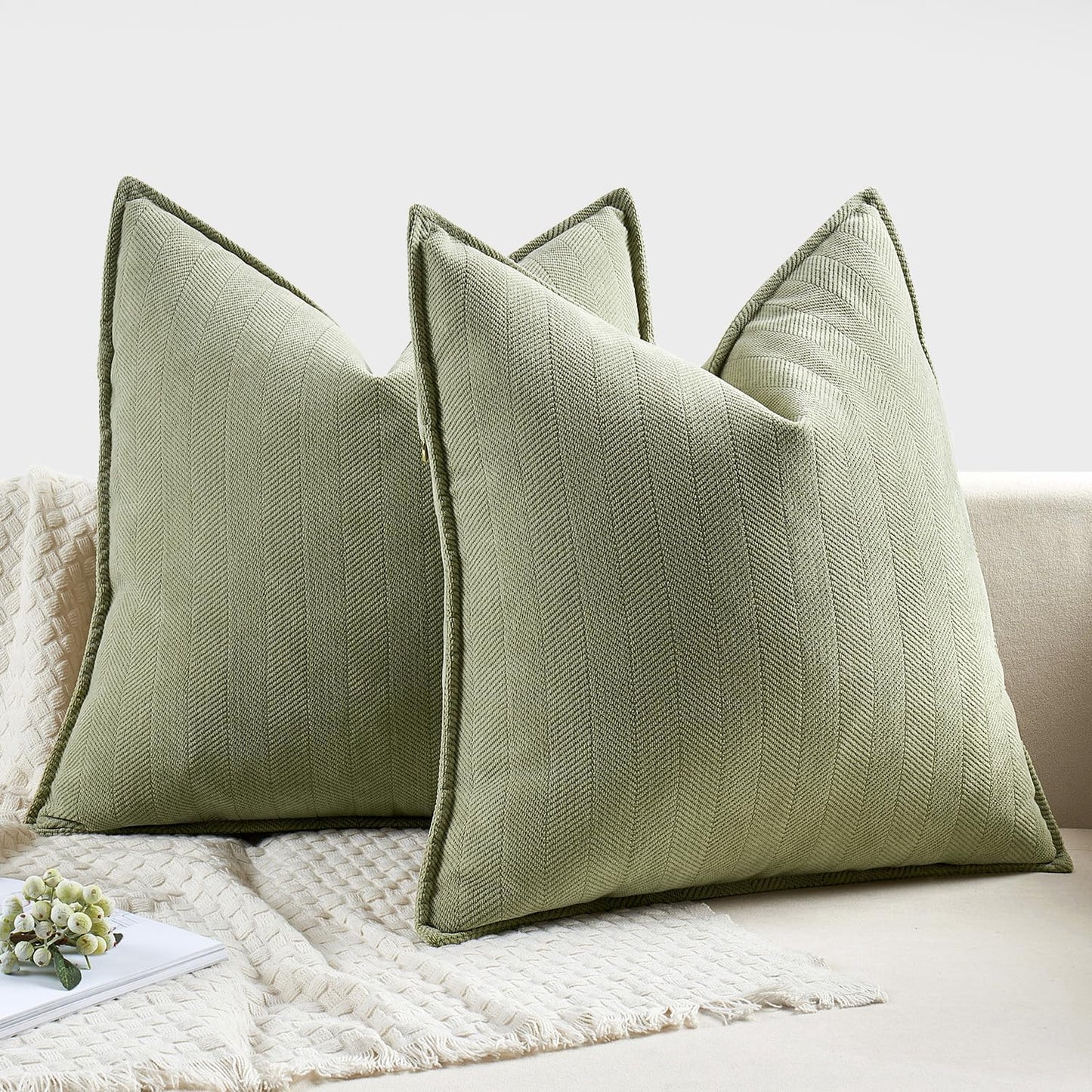 Set of 2 Sage Green Chenille Decorative Pillow Covers, 20x20 Inches, Luxurious Farmhouse Style Cushions for Sofa, Bedroom, and Living Room Decor