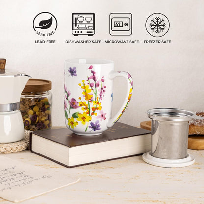Ceramic Tea Mug with Infuser and Lid, 18 Ounce Capacity, Microwave and Dishwasher Safe, Ideal for Loose Leaf Tea Enthusiasts