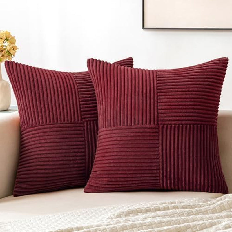 Christmas Burgundy Corduroy Pillow Covers Pack of 2 Boho Decorative Spliced Throw Pillow Covers Soft Solid Couch Pillowcases Cross Patchwork Cushion Covers for Living Room Bed Sofa 18X18 Inch