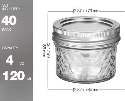 4 oz Mason Jars with Regular Lids - 40 Pack, Perfect for Jam, Honey, Wedding and Shower Favors, DIY Spice Storage