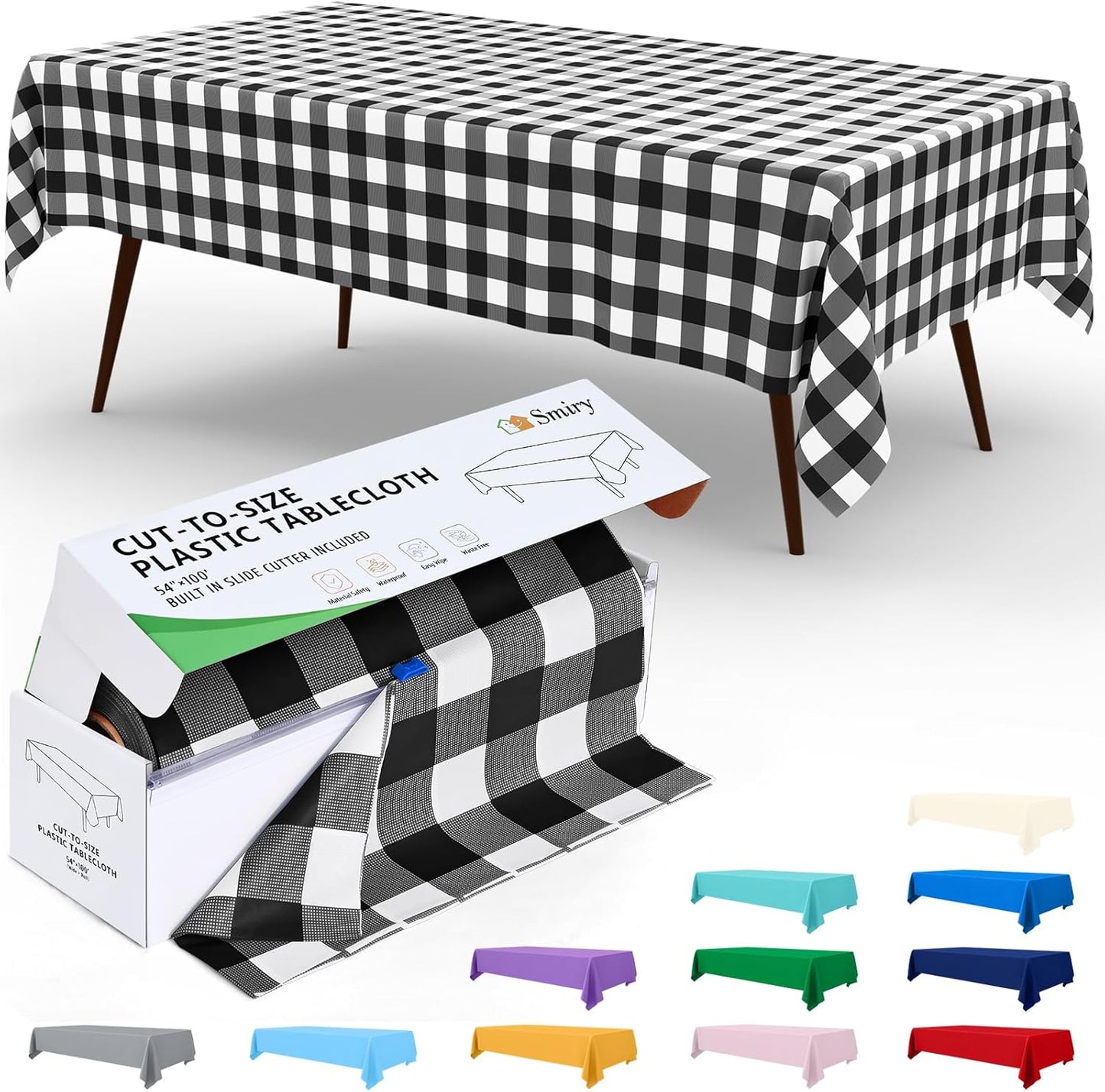 54 Inch X 100 Feet Disposable Table Cover Roll, Black & White Plastic Table Cloth in Cut-To-Size Box with Slide Cutter, Waterproof Rectangle Tablecloths for Weddings, Banquets, Outdoor