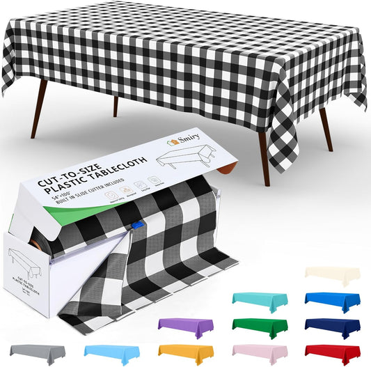 54 Inch X 100 Feet Disposable Table Cover Roll, Black & White Plastic Table Cloth in Cut-To-Size Box with Slide Cutter, Waterproof Rectangle Tablecloths for Weddings, Banquets, Outdoor