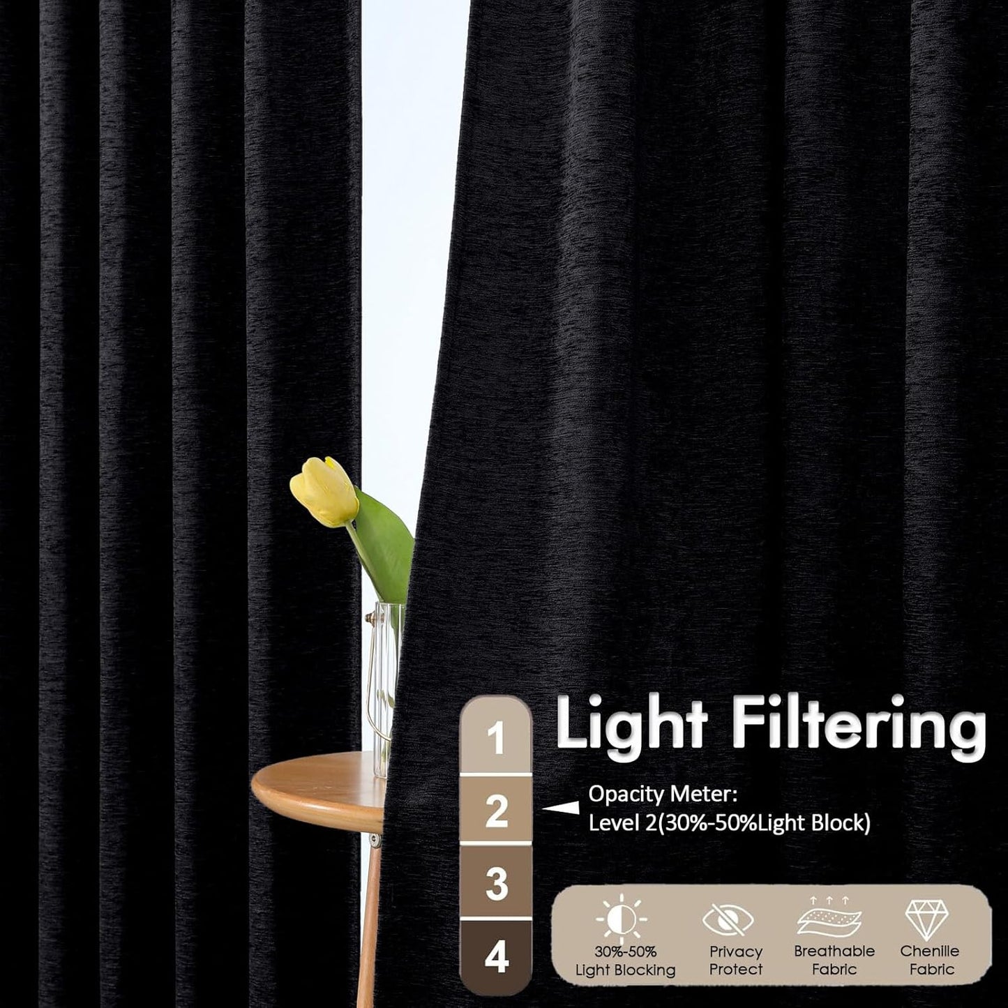 Chenille Black Curtains 72 Inch Length 2 Panels, Light Filtering Luxury Window Curtains, Back Tab Privacy Soft Velvet Window Curtain Drapes for Bedroom Living Room, 40" Wx72 L