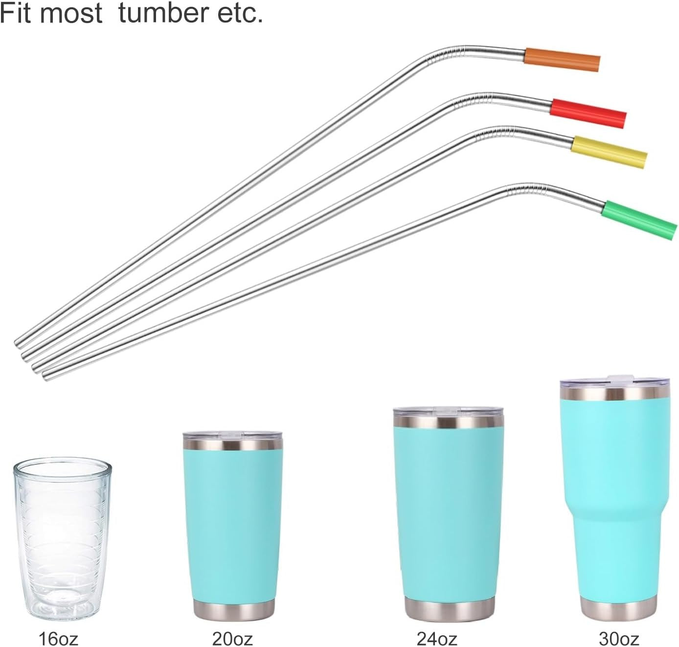 Set of 20 10.5" Reusable Bent Stainless Steel Straws with 20 Silicone Tips 5 Cleaning Brush 1 Travel Case Eco Friendly Extra Long Metal Straw Drinking for 20 24 30 Oz Tumbler