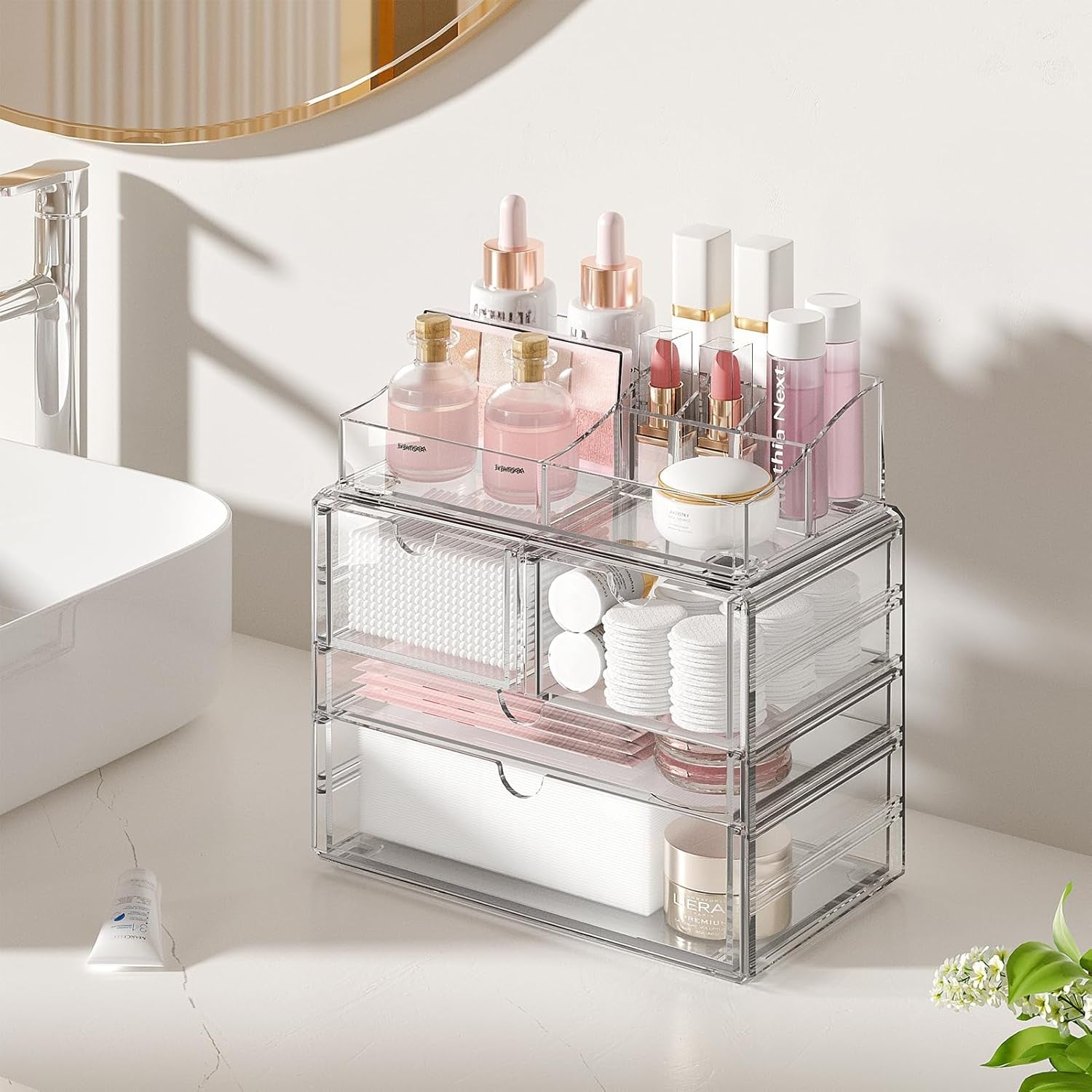 4-Tier Clear Makeup Organizer with Drawer, Acrylic Cosmetic Display Case for Makeup Vanity Bathroom Counter Organizers and Storage, Stackable Vanity Organizer for Brushes Lipsticks Skincare