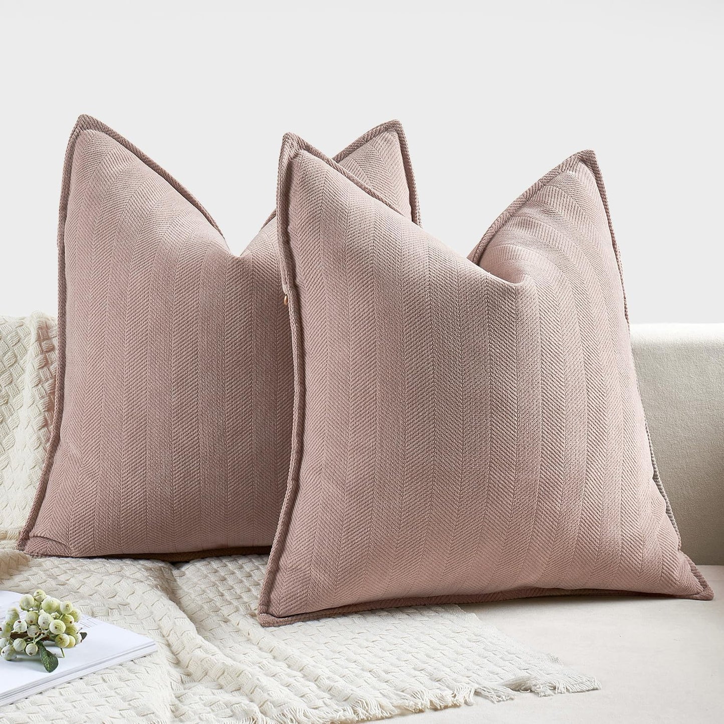 Pack of 2 Blush Pink Decorative Pillow Covers 18X18 Inch Soft Chenille Luxurious Couch Throw Pillows Farmhouse Cushion Covers with Elegant Design for Sofa Bedroom Living Room Home Decor