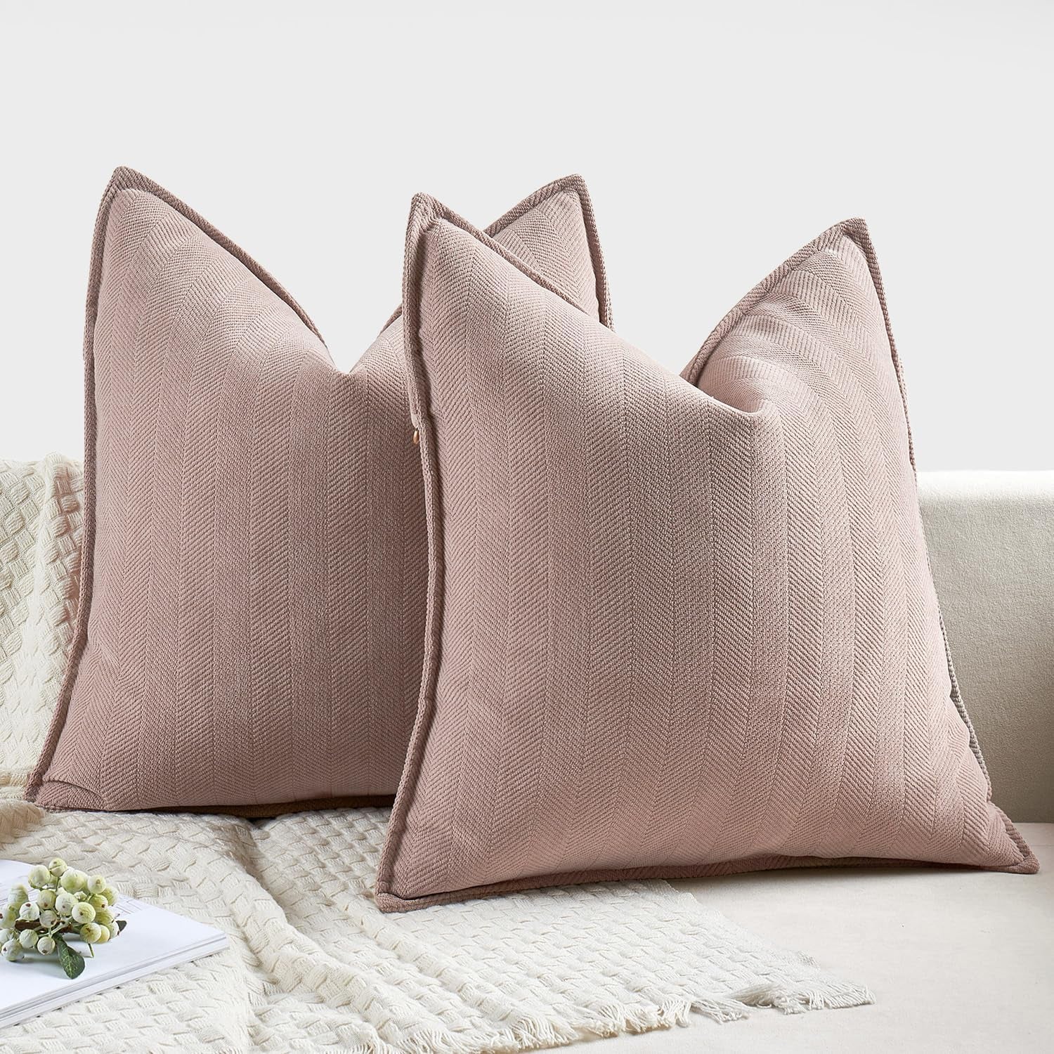 Pack of 2 Blush Pink Decorative Pillow Covers 18X18 Inch Soft Chenille Luxurious Couch Throw Pillows Farmhouse Cushion Covers with Elegant Design for Sofa Bedroom Living Room Home Decor