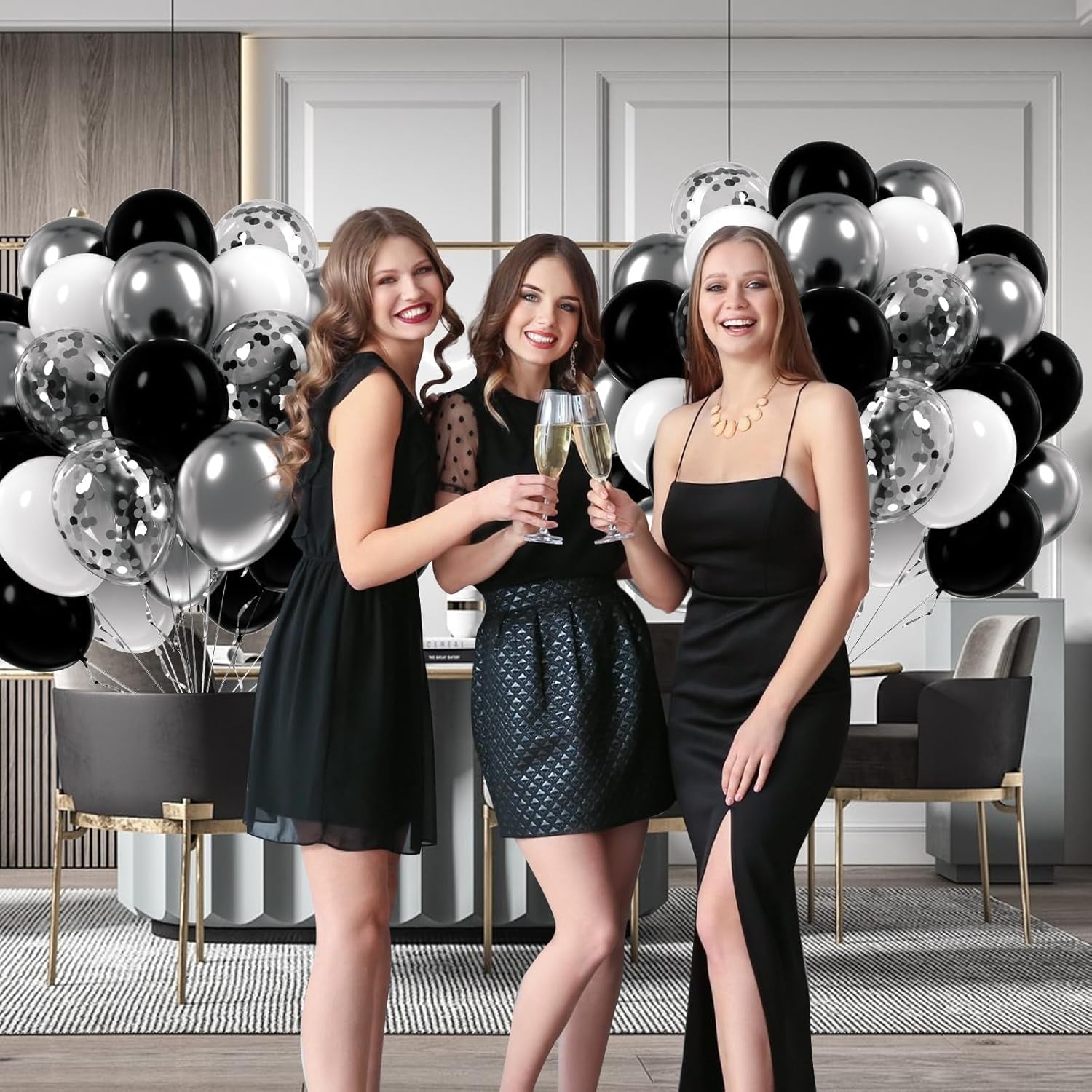 60Pcs Black and Silver Balloons 12Inch, Black and White Balloons with Metallic Silver Confetti Balloons for Baby Shower Wedding Birthday Graduation Party Decorations