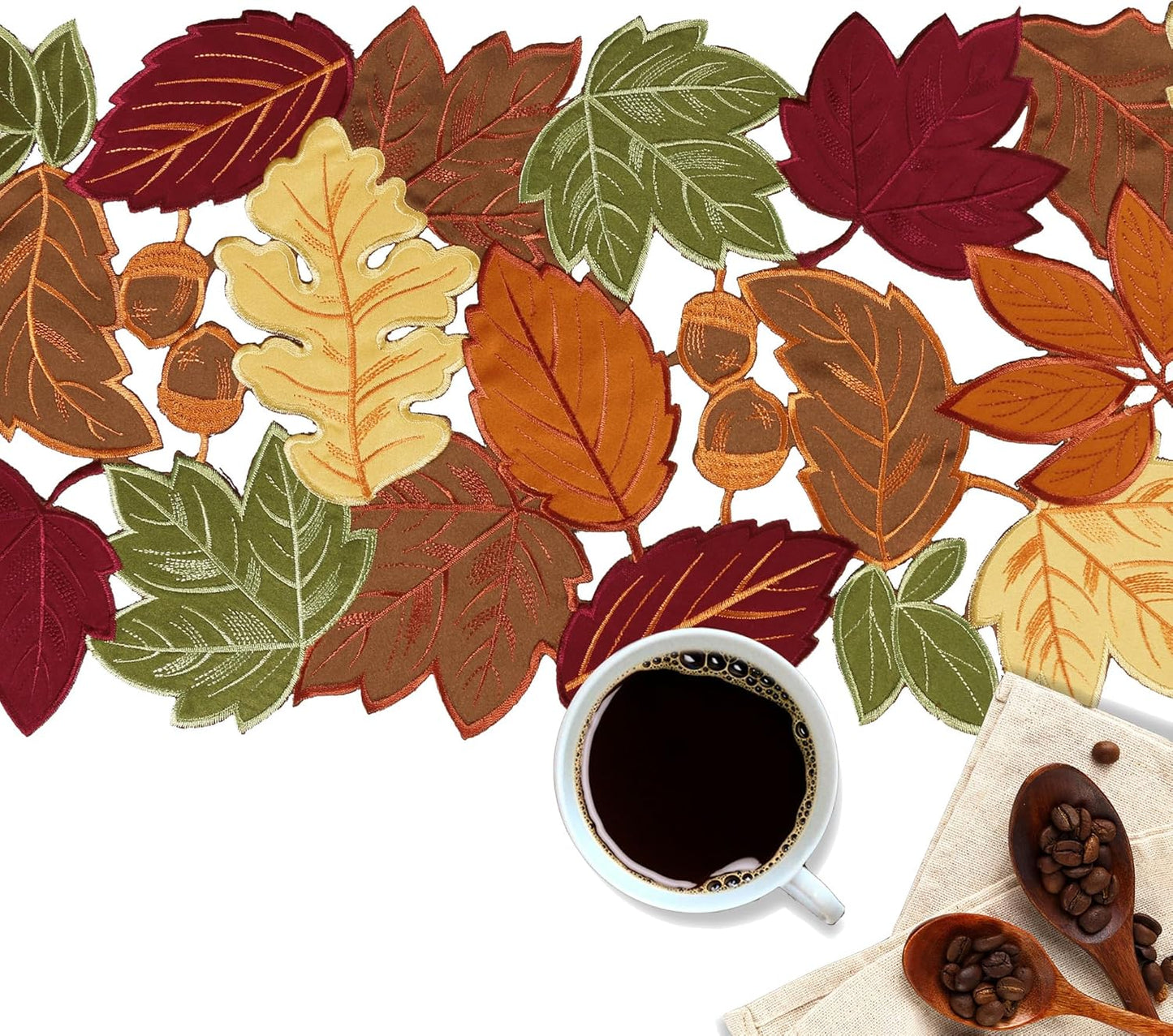 Harvest Fall Table Runner 36 Inches Long for Thanksgiving, Cutwork with Applique Embroidered Maple Leaves Dresser Scarf Table Topper for Home Dinner Holiday Festival Decorations, 13" X 36"