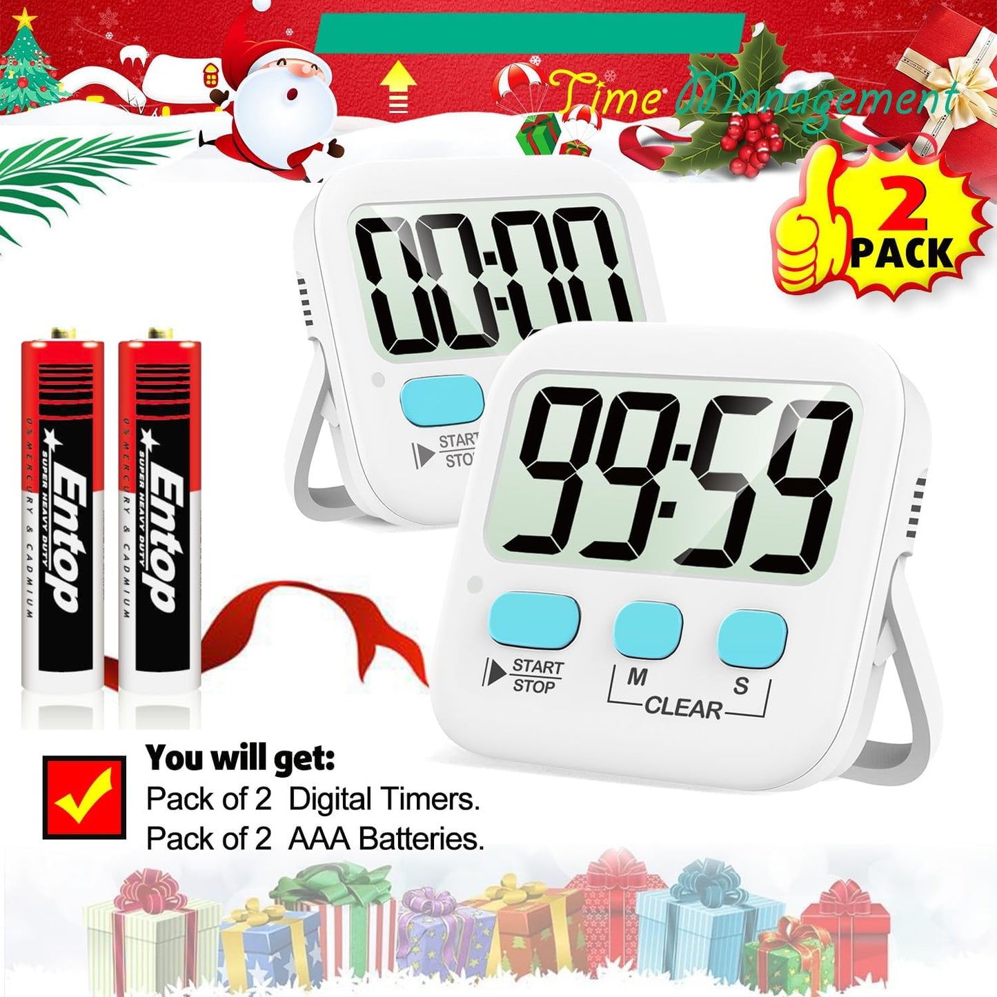 2 Pack Digital Timer for Kids, Magnetic Countdown Kitchen Timers for Cooking, Egg, Classroom, Teacher, Exercise, Study, Oven - Battery Included