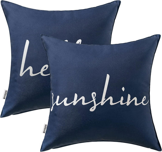 Outdoor Waterproof Throw Pillow Covers Set of 2 Hello Sunshine Decorative Outdoor Square Pillowcases for Chair Patio Garden Couch Tent Balcony Sofa Navy Blue 20X20 Inch