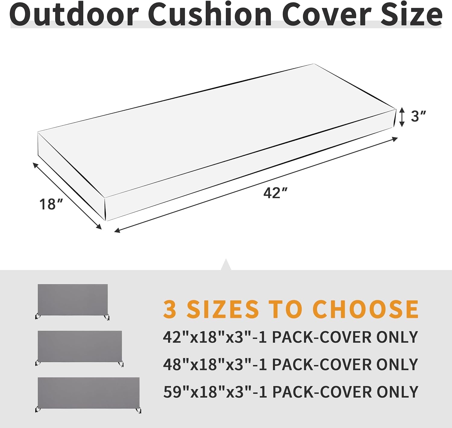 42X18X3 Inch Waterproof Outdoor Couch Bench Cushion Covers Only Replacement Non-Slip Patio Seat Cushion Slipcover with Zipper and Adjustable Straps Gray