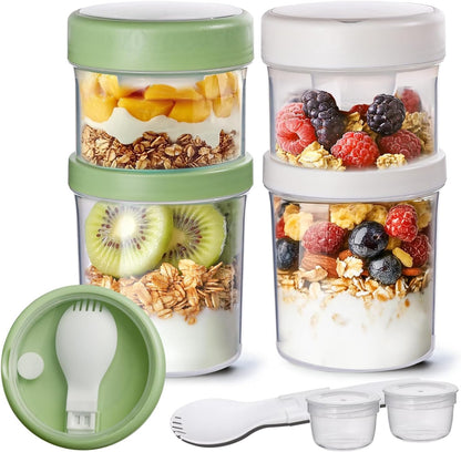 2 Pack Overnight Oats Containers with Lids 27 Oz, Plastic Yogurt Parfait Cups with Folding Spoons to Go, Dual-Layer Chia Pudding Jars Reusable with Granola Holder for Snack, Meal Prep, Sala