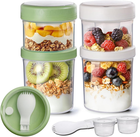 2 Pack Overnight Oats Containers with Lids 27 Oz, Plastic Yogurt Parfait Cups with Folding Spoons to Go, Dual-Layer Chia Pudding Jars Reusable with Granola Holder for Snack, Meal Prep, Sala