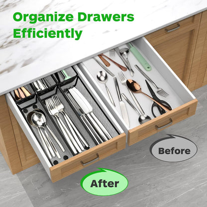 Premium Silverware Drawer Organizer Set - 6-Pack Kitchen Utensil Organizers with Interlocking Arms for Large Drawers (9.6 x 3 x 2 Inches)