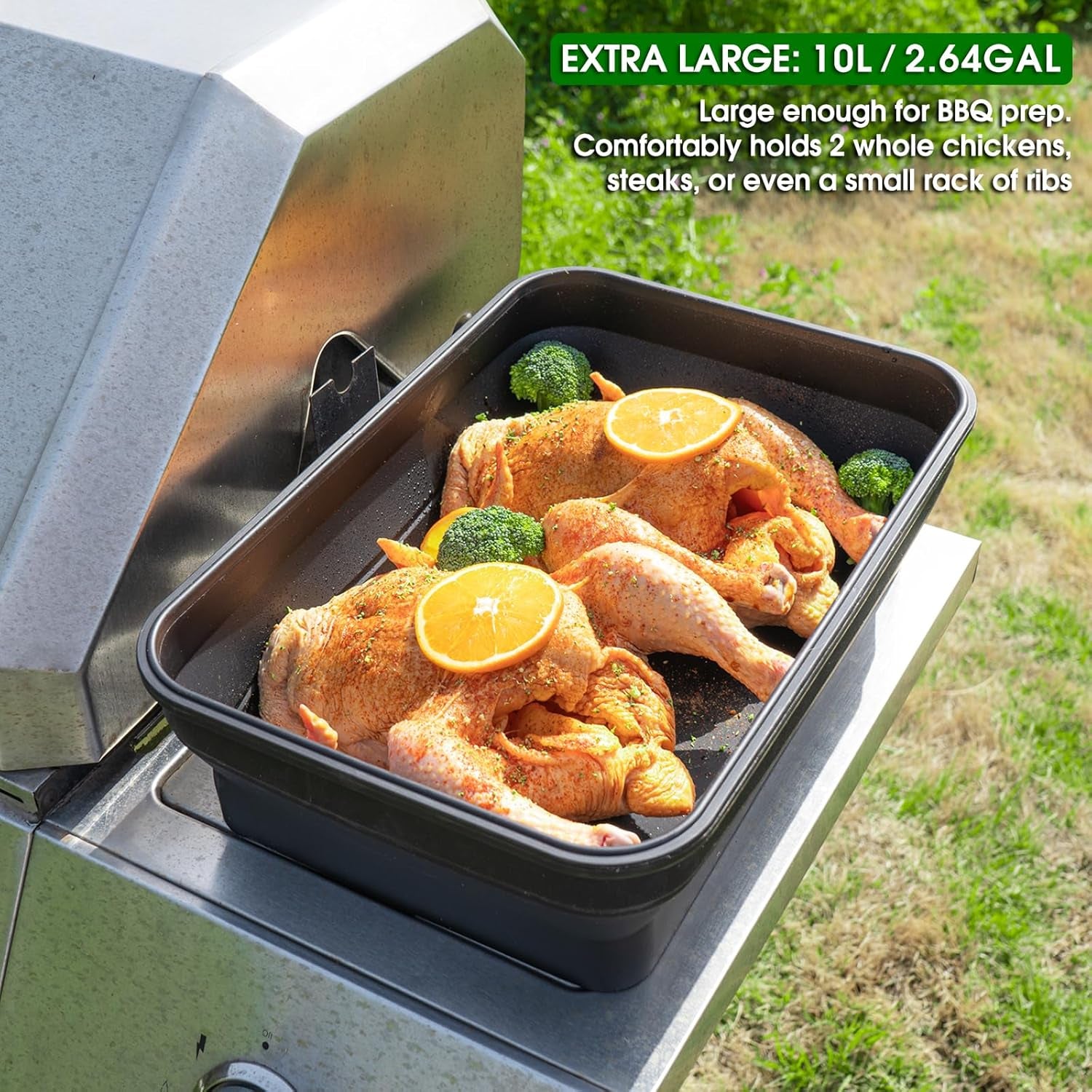 Silicone Collapsible Marinating Container with Lid for Meat, Extra Large Collapsible BBQ Prep Tub, 2.64Gal/10L, Transparent Locking Lid, XL Grill Prep Trays and Carry System, BBQ Must-Have, Black