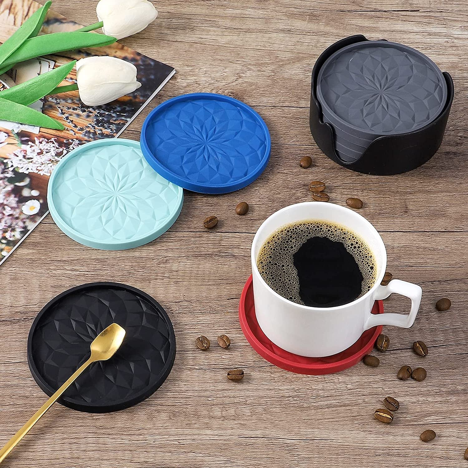 Silicone Coasters with Holder,[6 Pack] Drinking Coasters - Cup Mat for Hot or Cold Drinks, Thickened, Non-Slip, Non-Stick,Deep Tray Black