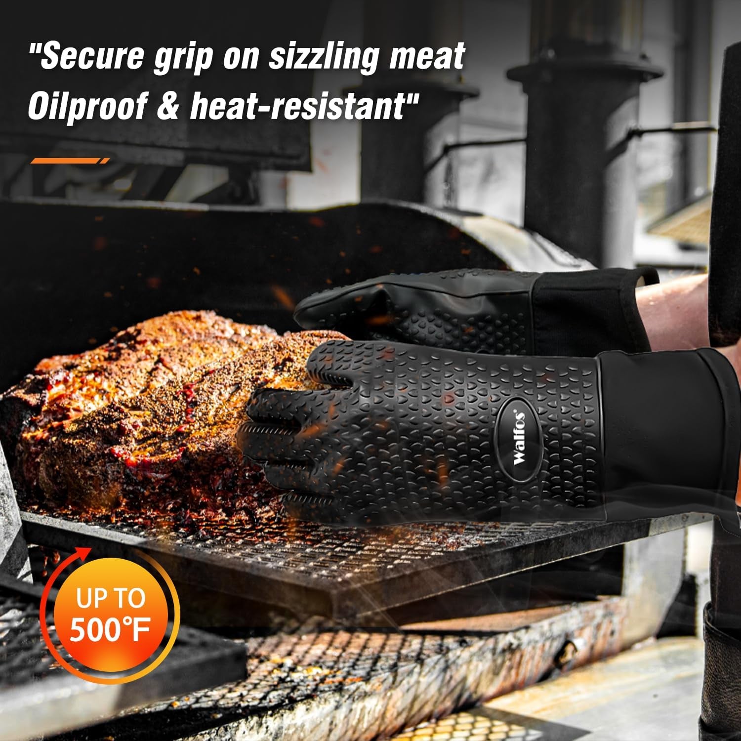 Silicone BBQ Gloves - Heat Resistant Grilling Gloves, Premium Non-Slip Kitchen Silicone Oven Mitt with Protective Cotton Layer Inside, Waterproof, Great for Grilling, Kitchen and Cooking, Black
