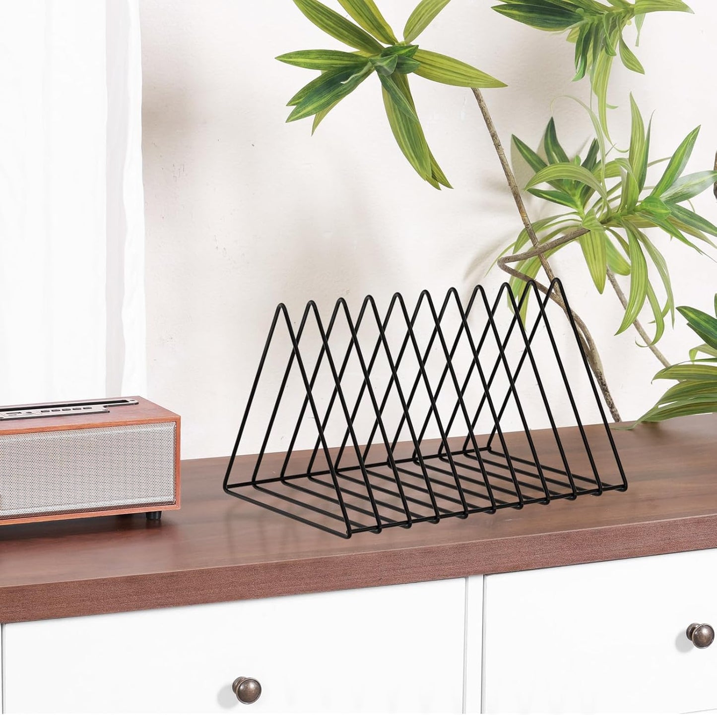 Triangle Desk Organizer - Metal Wire Magazine Holder, 10 Sections, Decorative File Folder Organizer, Vinyl Record Storage, Office File Holder - Black