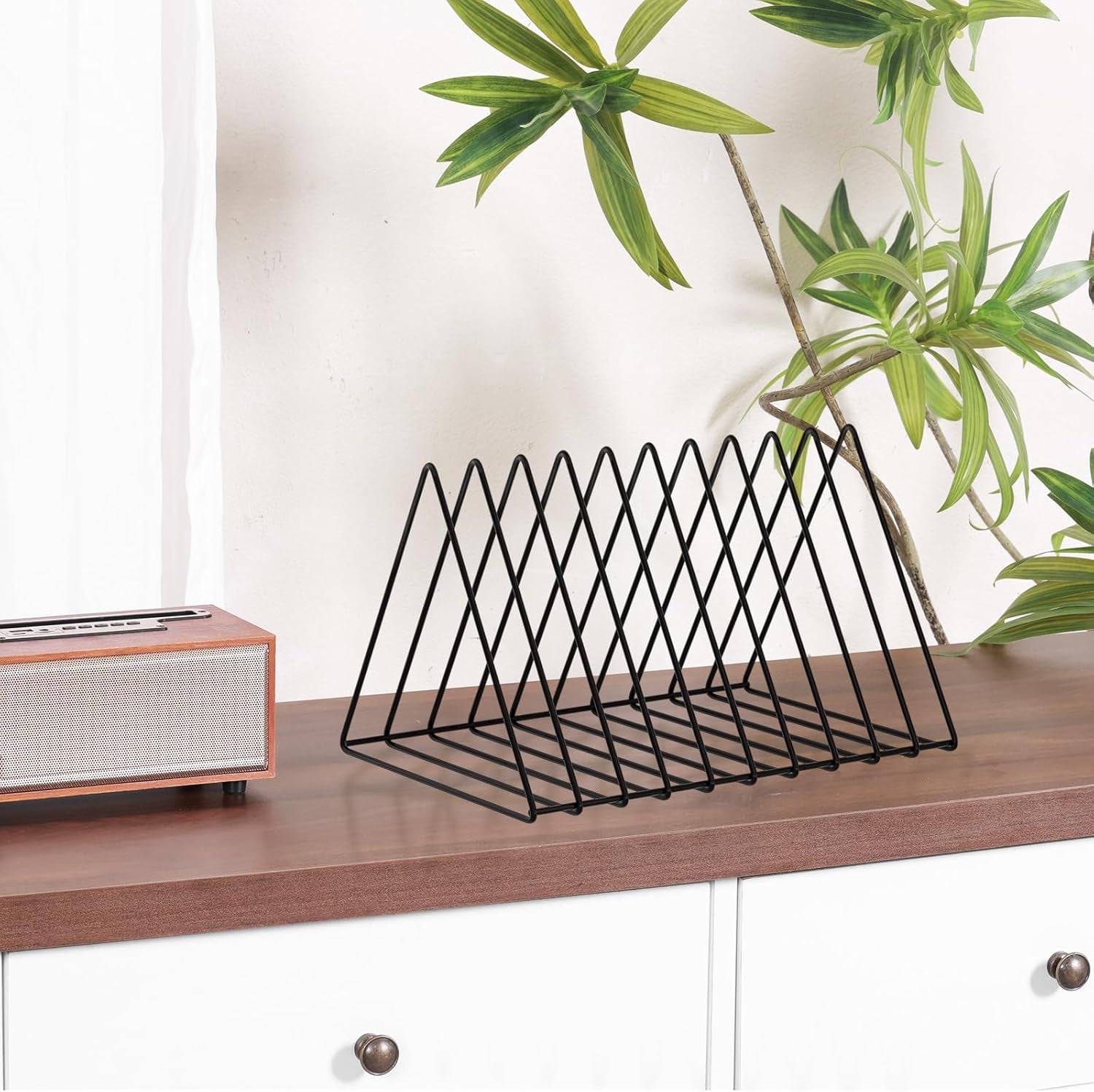 Triangle Desk Organizer - Metal Wire Magazine Holder, 10 Sections, Decorative File Folder Organizer, Vinyl Record Storage, Office File Holder - Black