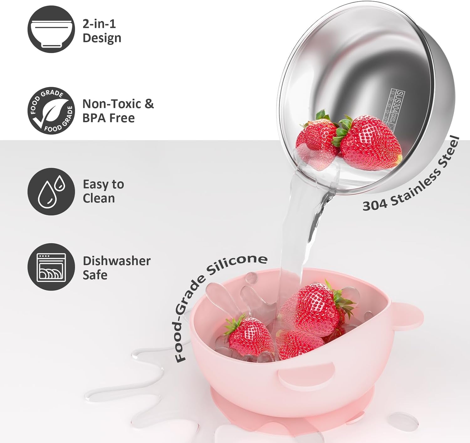 Stainless Steel Baby Bowls with Suction, 2-In-1 SUS304 Toddlers Bowl & Removable Silicone Suction Kids Bowl, Non Toxic Snack Container for Baby Food Feeding, Soft Blue/Sage/Pink/Gray Set of 4