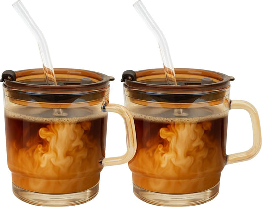 13Oz Tumbler Water Glass Cups with Lid and Straw, 2 Pack Reusable Iced Coffee Cups with Handle, Sealed Carry on for Iced Tea, Coffee, Bpa-Free Glass Tumblers for Home, Office, Party, Outdoor
