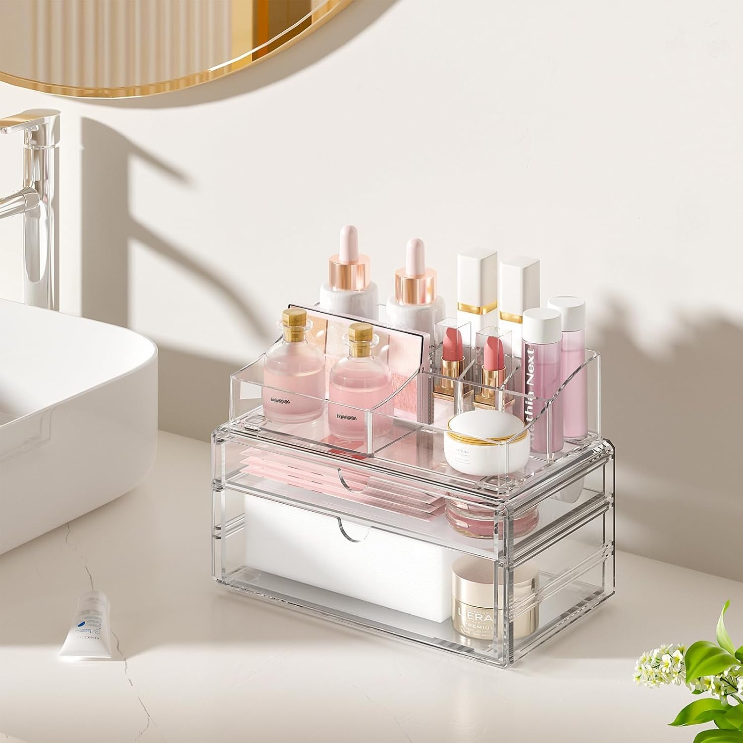 3-Tier Clear Makeup Organizer with Drawer, Acrylic Cosmetic Display Case for Makeup Vanity Bathroom Counter Organizers and Storage, Stackable Vanity Organizer for Brushes Lipsticks Skincare