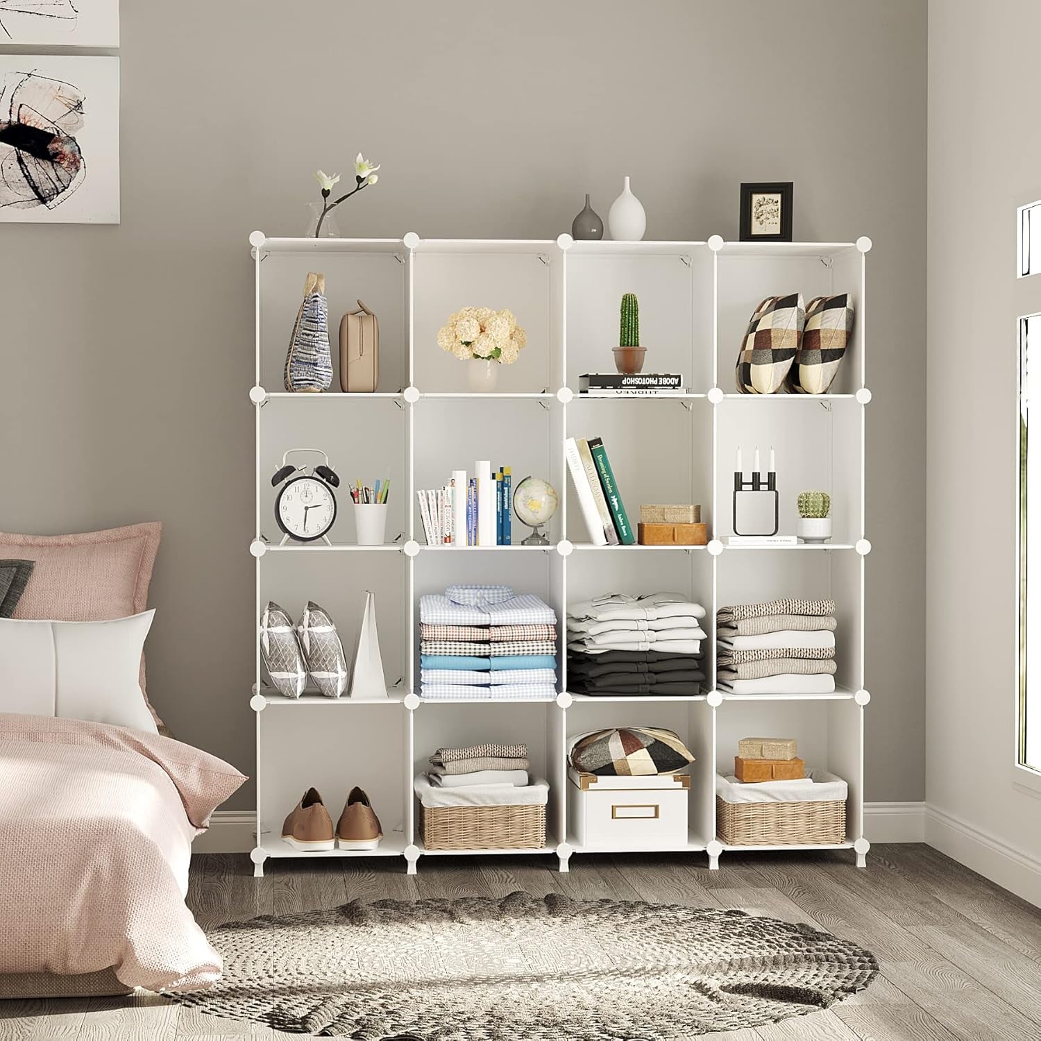 Cube Storage Organizer, 16 Cube Closet Organizer, Stackable Storage Cube Shelves, DIY Portable Closet Clothes Organizer Shelving for Bedroom, Closet, Wardrobe, Bathroom, White